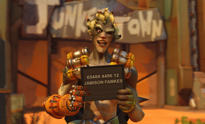 Junkrat from Overwatch holding a mugshot sign