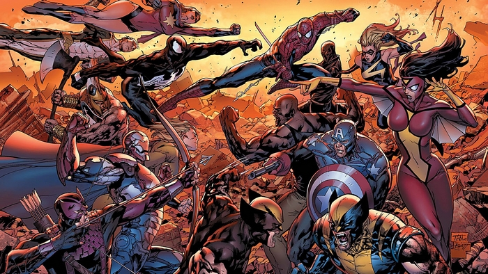 Avengers and X-Men fighting in a ruined city