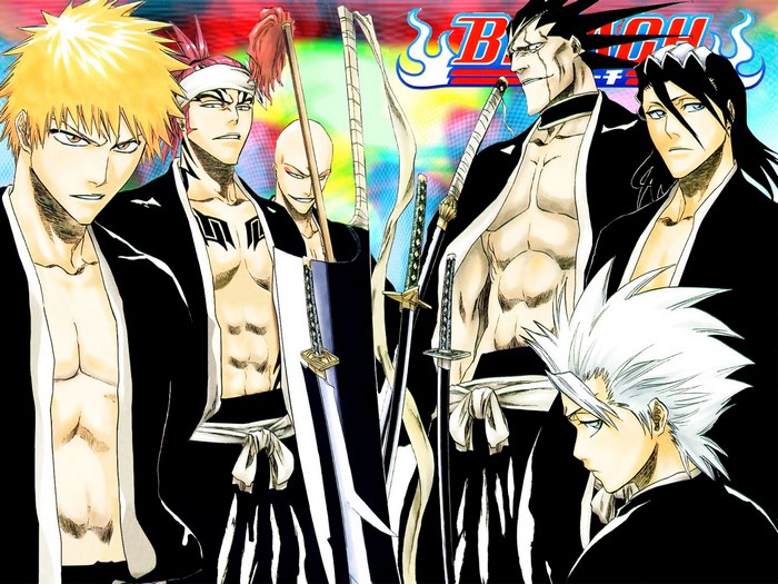 Bleach characters Ichigo, Ikkaku, Renji, Kenpachi, Rukia, and Toshiro