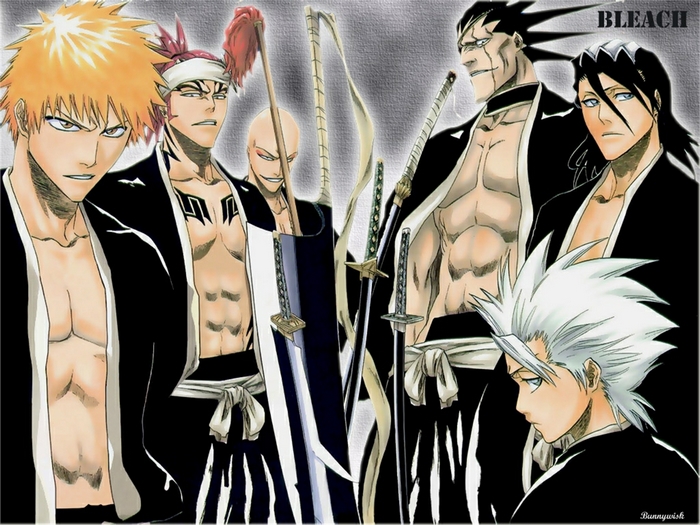 Bleach characters Ichigo, Ikkaku, Renji, Kenpachi, Rukia, and Toshiro