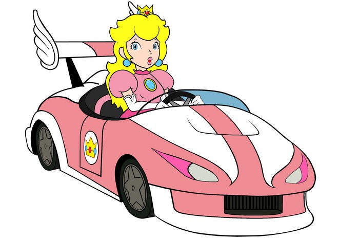 Princess Peach from Mario Kart driving a pink kart