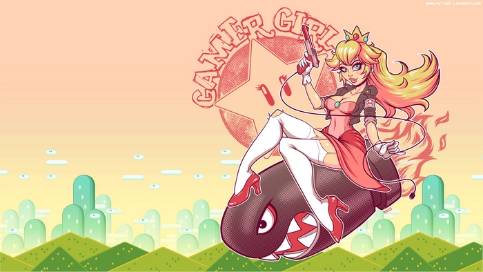 Princess Peach from Super Mario riding a Chain Chomp