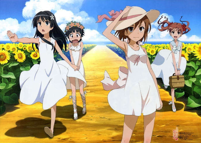 Four girls in white dresses in a sunflower field