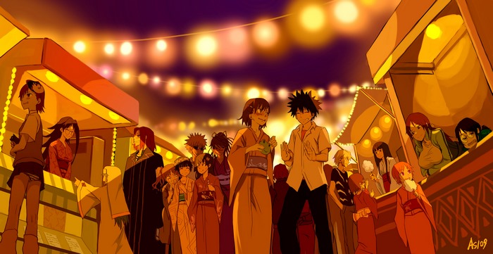 Anime characters at a festival at night
