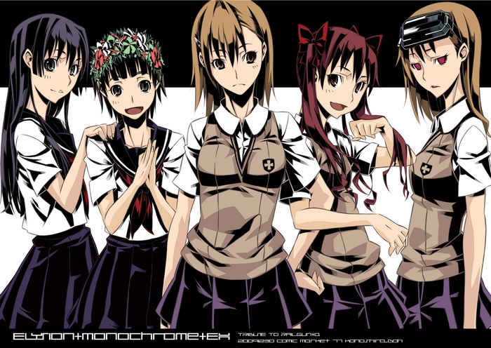 Five anime girls in school uniforms