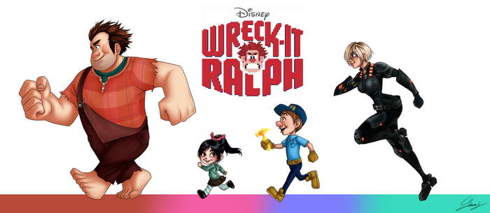 Wreck-It Ralph characters: Ralph, Vanellope, Fix-It Felix Jr., and Sergeant Calhoun