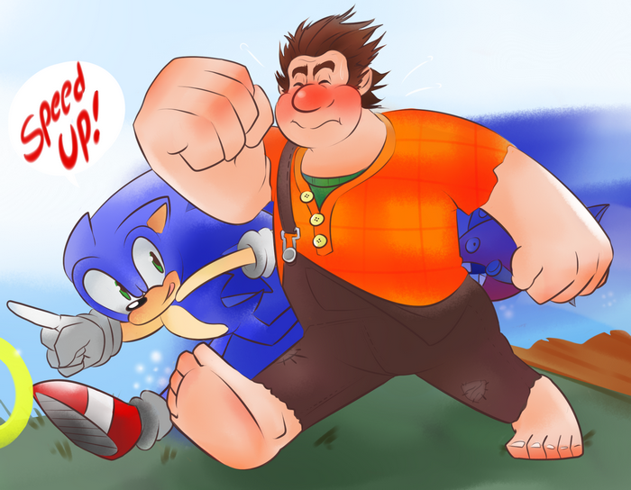 Sonic the Hedgehog and Ralph from Wreck-It Ralph racing
