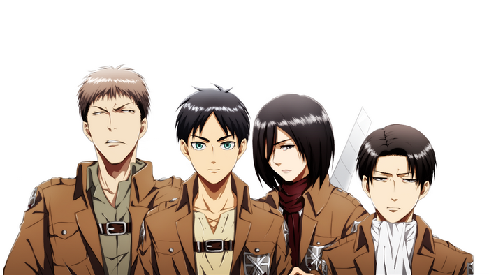 Eren Yeager, Mikasa Ackerman, Levi Ackerman, and Jean Kirstein from Attack on Titan