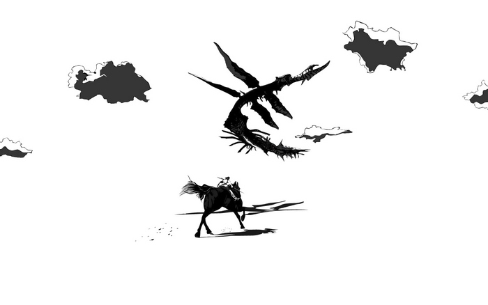 Dragon and Rider in a Stylized Landscape