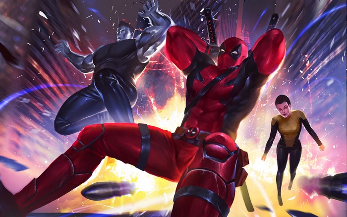 Deadpool and Colossus fighting with Domino