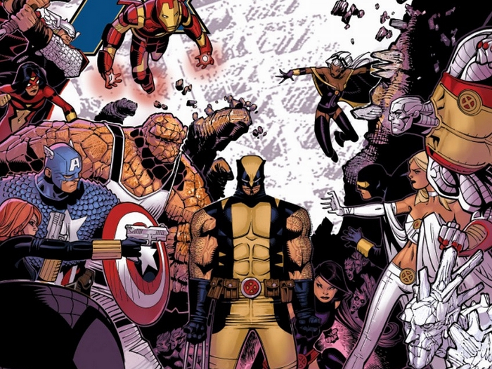 Avengers and X-Men characters including Wolverine, Captain America, Iron Man, and Storm