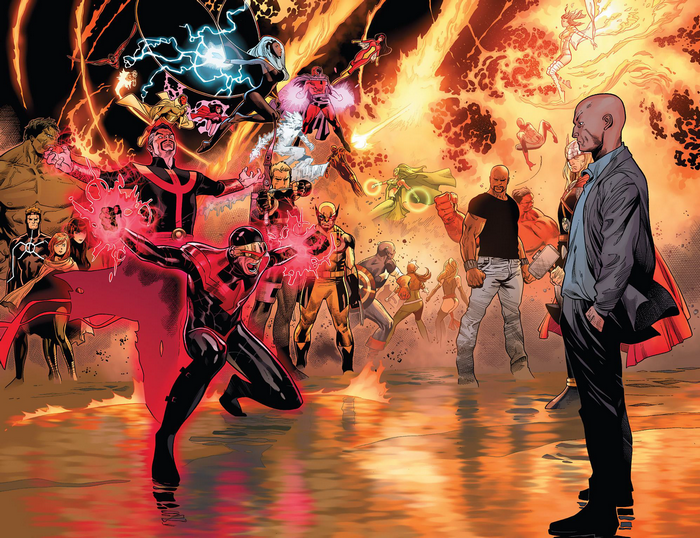 Marvel Comics characters in front of fire