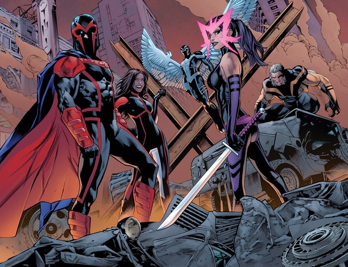Magneto and his team in a destroyed city