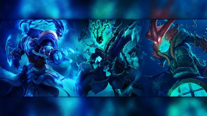 Three League of Legends champions in a triptych