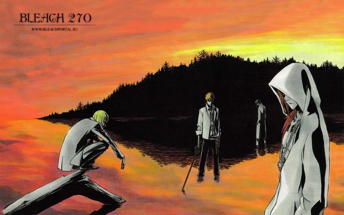 Shinji Hirako and others from Bleach by the water at sunset