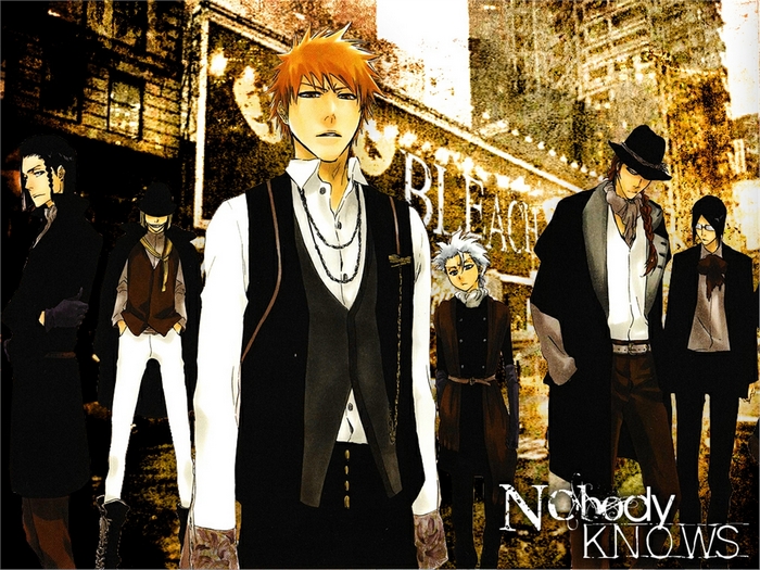 Shinji Hirako and other Bleach characters in a city