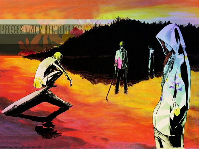 Shinji Hirako and companions in a surreal landscape
