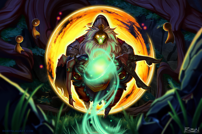 Caitlyn from League of Legends carrying a glowing orb