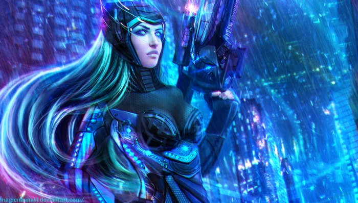 Caitlyn from League of Legends in a futuristic city