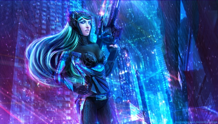 Caitlyn from League of Legends in futuristic city