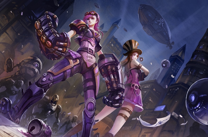 Vi and Caitlyn from League of Legends in a city