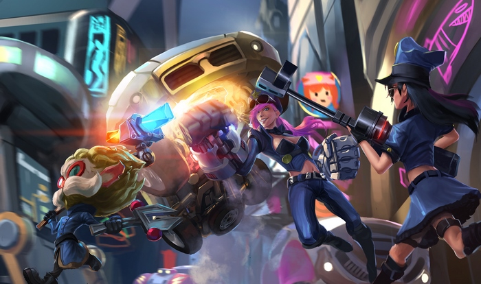 Caitlyn and Vi from League of Legends in a futuristic city