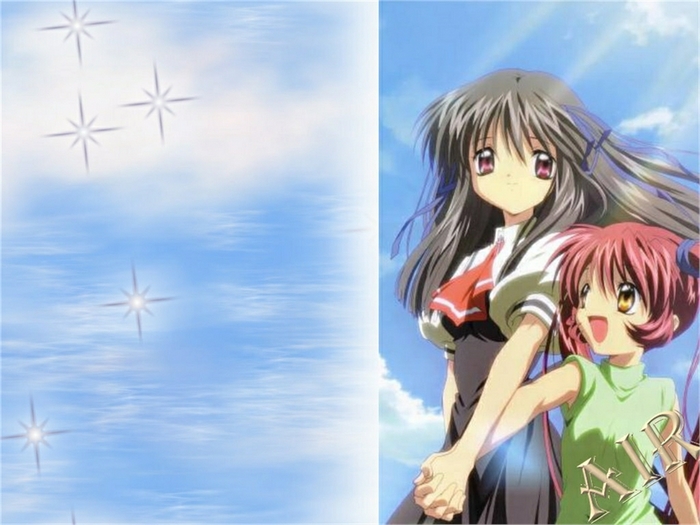 Two anime girls in a sky background