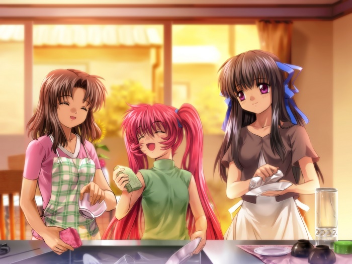 Minagi Tohno and friends washing dishes