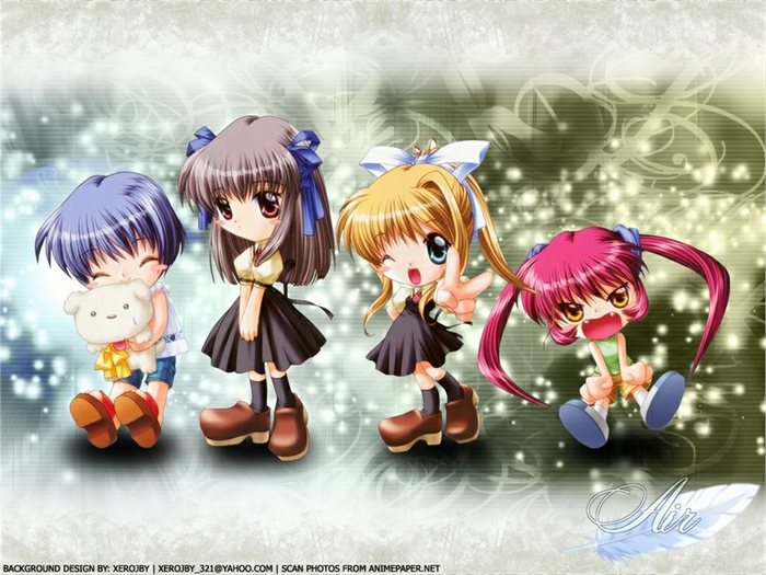Four anime girls with a teddy bear