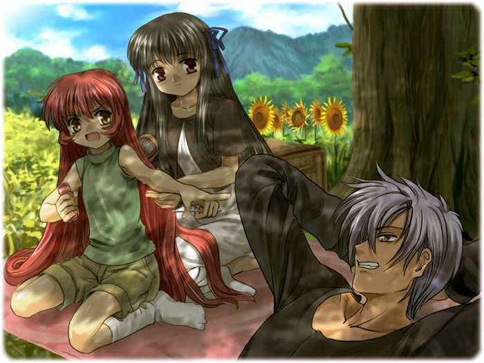 Minagi Tohno and two children in a field