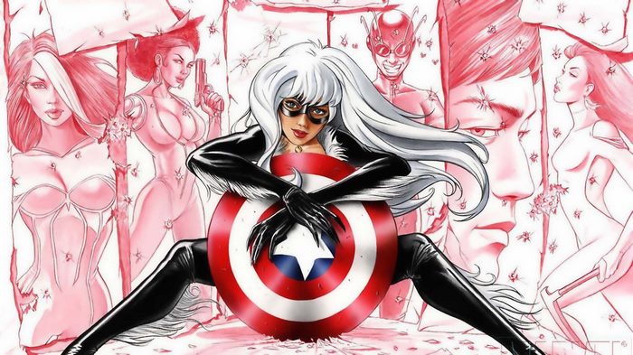 Black Cat with Captain America's Shield and Marvel Characters