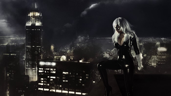 Black Cat on a rooftop in a city at night