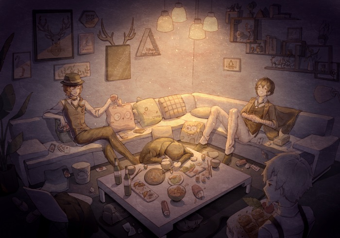 Osamu Dazai and Chuuya Nakahara relaxing in a room