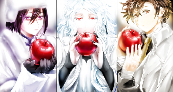 Three men holding red apples
