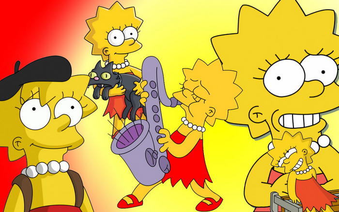 Lisa Simpson with Snowball and playing saxophone