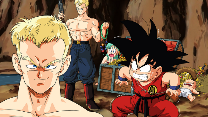 Goku and Bulma with pirates in a cave
