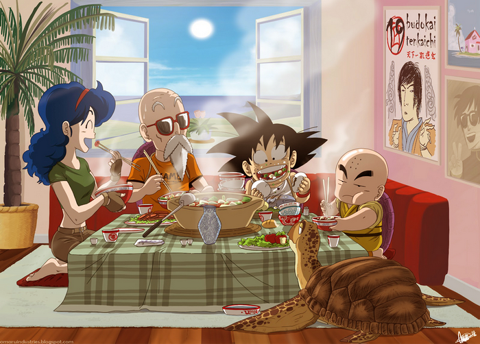 Dragon Ball Z characters eating dinner