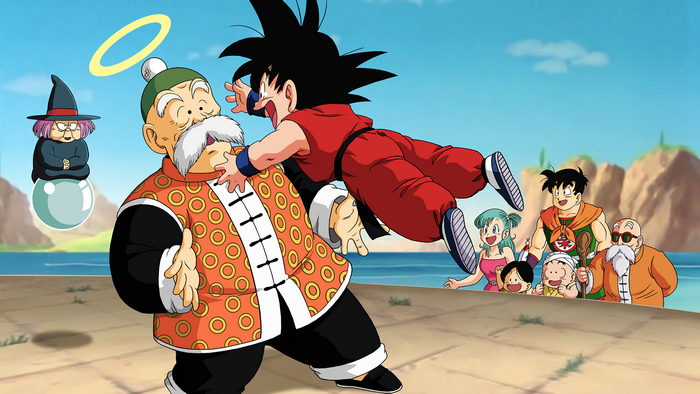 Goku from Dragon Ball with Master Roshi and others
