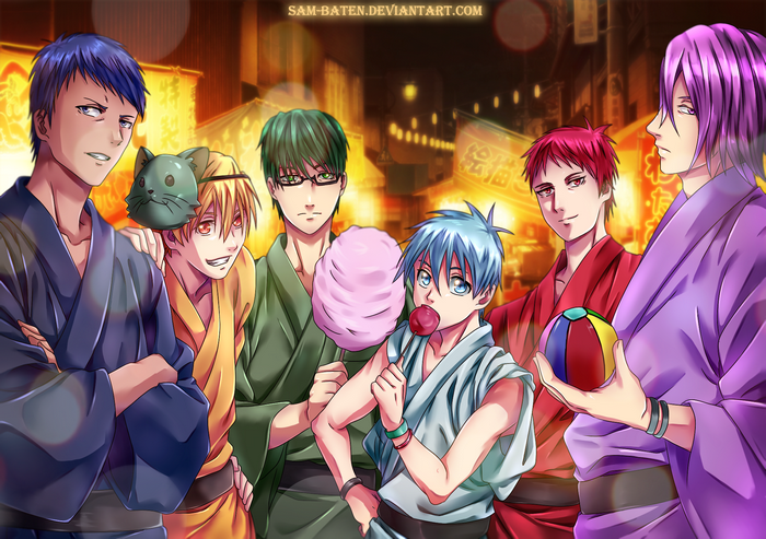 Anime characters in yukatas at a festival