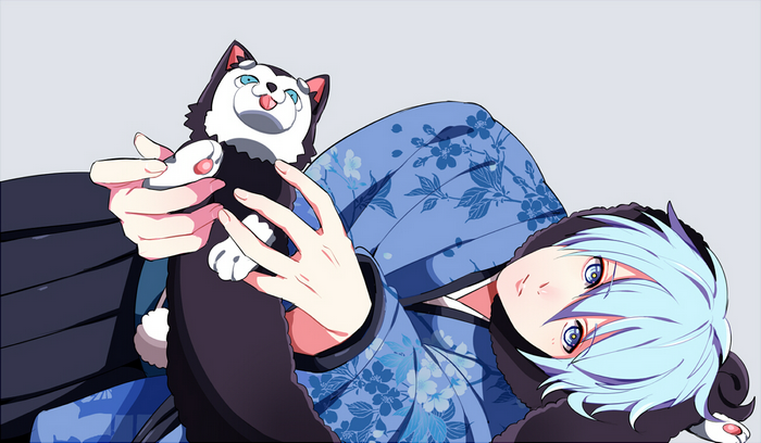 Anime boy with blue hair holding a husky plush