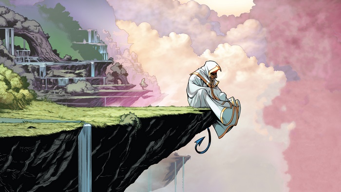 Nightcrawler from Marvel Comics sitting on a cliff