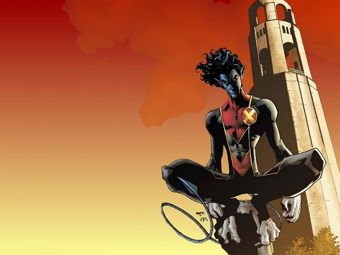 Nightcrawler from Marvel Comics sitting on a statue