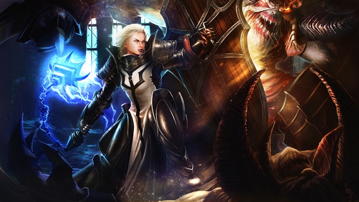 Crusader from Diablo III fighting a demon