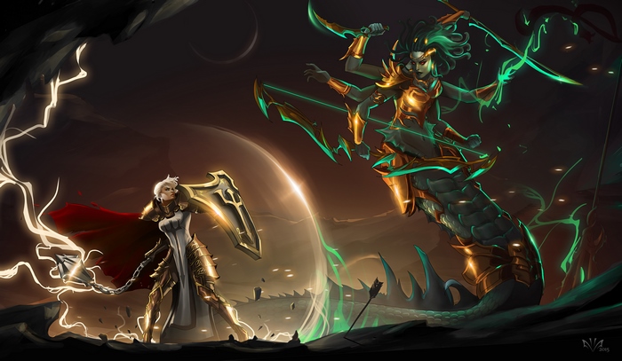 Female Crusader fighting a multi-armed snake-like creature