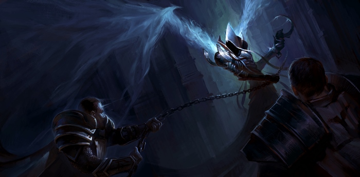 Crusader from Diablo III fighting a spectral entity
