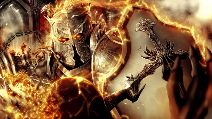 Crusader from Diablo III with fire and sword