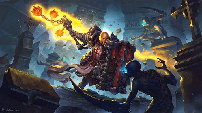 Crusader from Diablo III fighting undead creatures