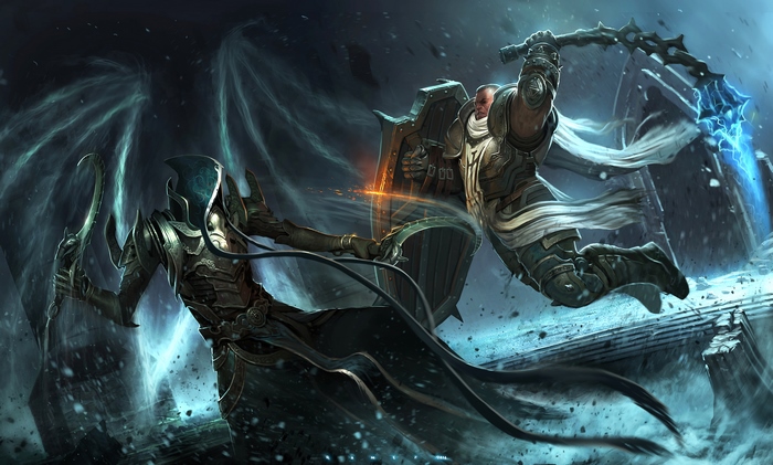 Crusader from Diablo III fighting a shadowy figure