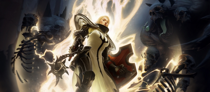 Crusader from Diablo III surrounded by skeletons