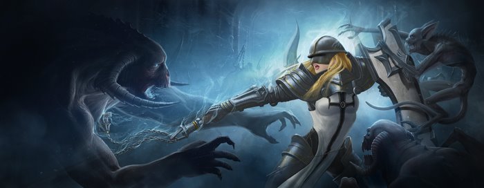 Crusader fighting demons from Diablo III
